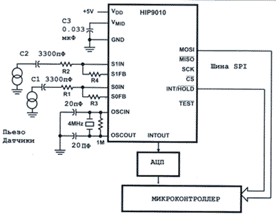Блок-схема HIP9010 для обнаружения детонации