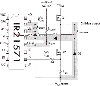 Типовая схема бустрепного питания при помощи зарядового насоса с выхода полумоста через вывод VCC