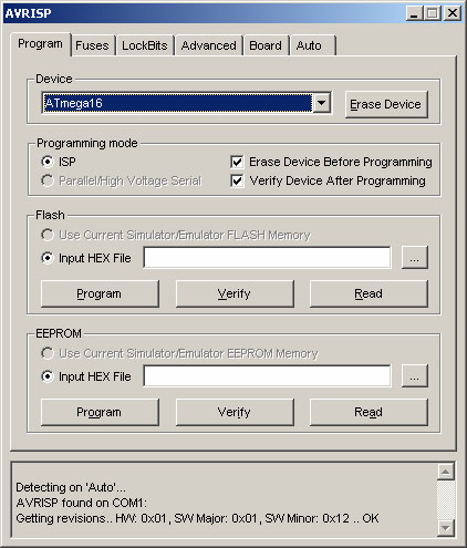 Окно управляющей программы внутрисхемного программатора ATAVRISP