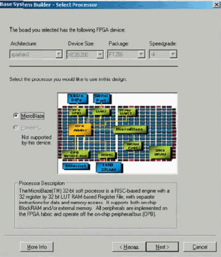 Диалоговая панель выбора типа ПЛИС и микропроцессорного ядра, на основе которых выполняется проект разрабатываемой системы