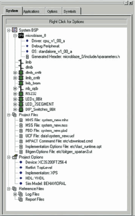 Вид страницы System встроенного окна проекта управляющей оболочки Xilinx Platform Studio после успешного завершения работы мастера Base System Builder Wizard