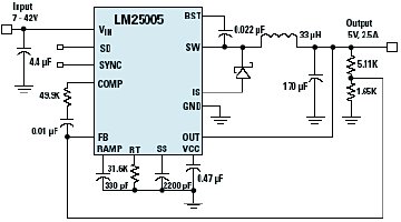 Пример реализации понижающей схемы на базе микросхемы LM25005 компании National Semiconductor